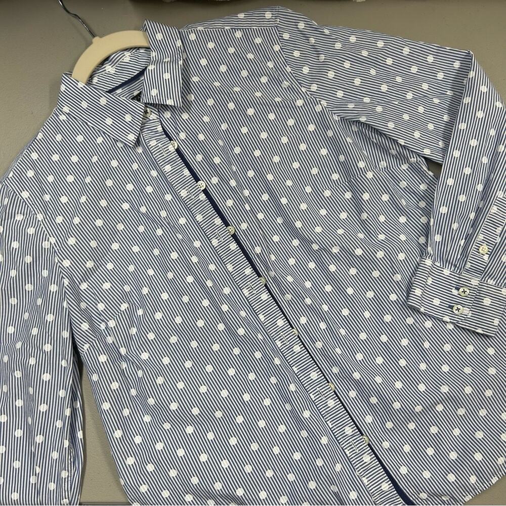 Talbots Blue White Polka Dot Stipes Button Down Long Sleeve Shirt Womens Size MP